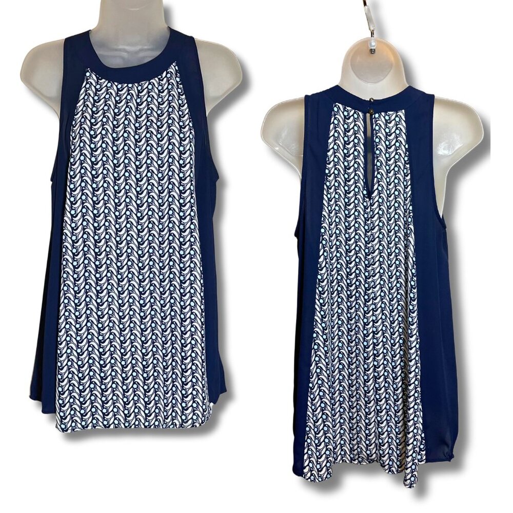 Sleeveless High Neck Blouse Navy White Geometric Print Tank Top Keyhole